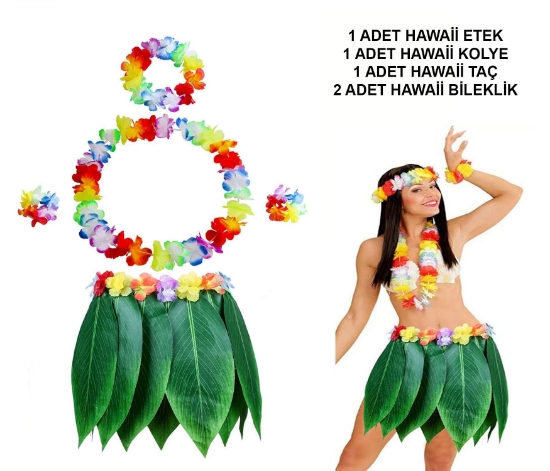 HiMarry Yetişkin Hawaii Kostüm Seti - Yaprak Etek & Hawaii Set - 5 Parça