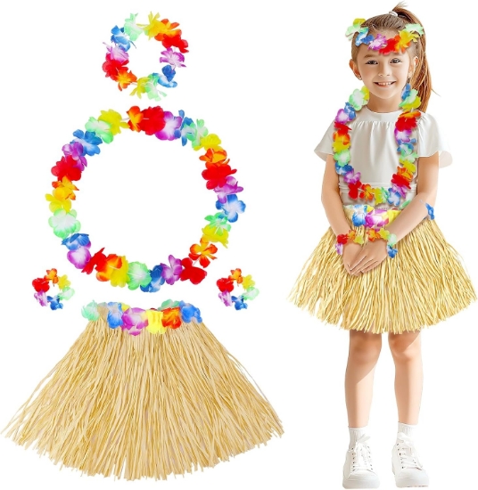 HiMarry Yetişkin Çocuk Hawaii Parti Seti - 40 cm Naturel Etek + Çiçek Aks