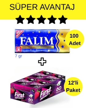 Falım (7gr x 5) x 20 - First (19,5gr x 12) Avantajlı Falım Damla Sakız ve First 60 Dk Infinity Çilek Lime Aromalı Sakız