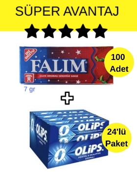 Falım Çilek Aromalı Sakız (7gr x 5) 20 Paket (100 Adet Falım 5'li) - Olips Mentol Okaliptus Şeker 24’lü Paket (28gr x 24 Adet) Avantajlı Falım-Olips Paketi