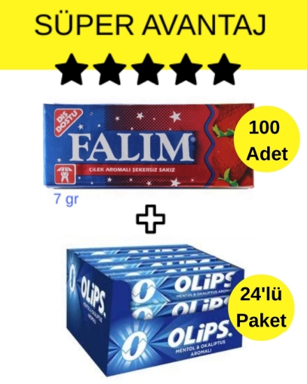 Falım Çilek Aromalı Sakız (7gr x 5) 20 Paket (100 Adet Falım 5'li) - Olips Mentol Okaliptus Şeker 24’lü Paket (28gr x 24 Adet) Avantajlı Falım-Olips Paketi