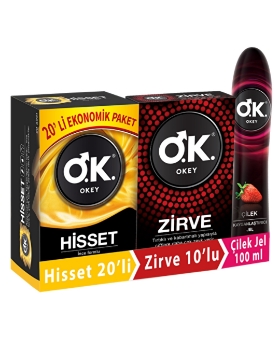 Okey Prezervatif Hisset 20'li Zirve 10'lu Çilek Kayganlaştırıcı Jel 100 ml Set
