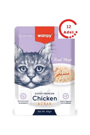 Wanpy Pouch Tavuklu & Yengeçli Yaş Kedi Maması 85 gr 12 Adet