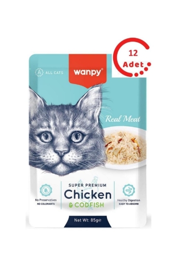 Wanpy Pouch Tavuklu & Morina Balıklı Yaş Kedi Maması 85 gr 12 Adet