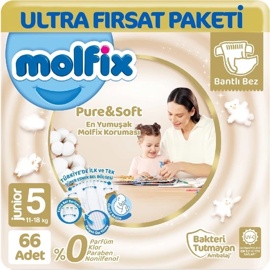 Molfix Pure Soft 5 Beden Junior 66'lı Bebek Bezi