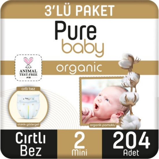 Pure Baby Organik Pamuklu Cırtlı Bez 3'lü Paket 2 Numara Mini 204 Adet