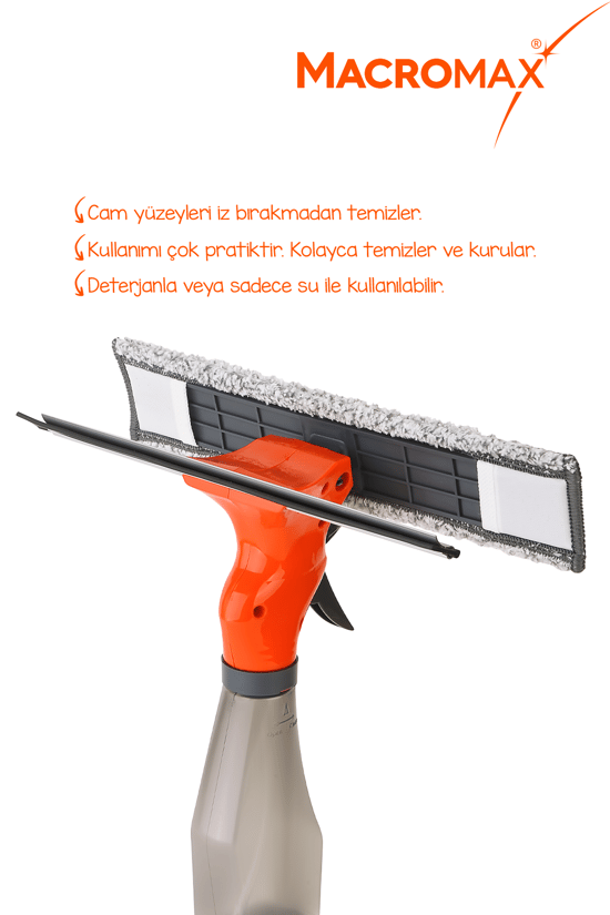 Macromax Spreyli Cam Silme Aparatı 3'ü 1 Arada Çekpaslı ve Mikrofiberli Camsil İz Bırakmaz