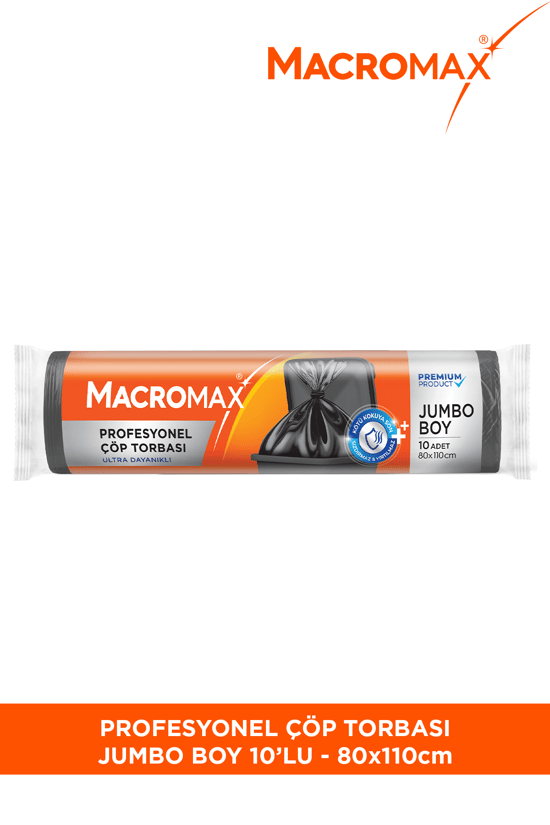 Macromax Profesyonel Çöp Torbası Jumbo Boy (80x110 cm) 10 Adet Ultra Dayanıklı Kalın Siyah Endüstriyel Poşet
