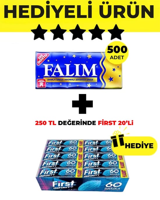 Falım Damla Sakız Aromalı (5'li 7gr x 500 Adet) + First Infinity 11S Stick Nane Aromalı Sakız (29,7 G x 20 Adet) Bedelsiz - Avantajlı Falım First Paketi