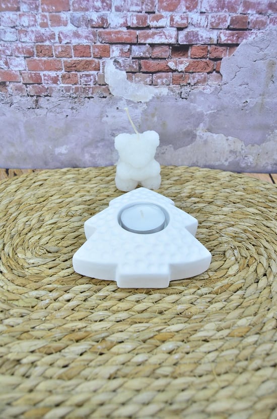 Çam Ağacı Şeklinde Dekoratif Tealight Mumluk Taş Tozu Beton Seramik Görünümlü Beyaz