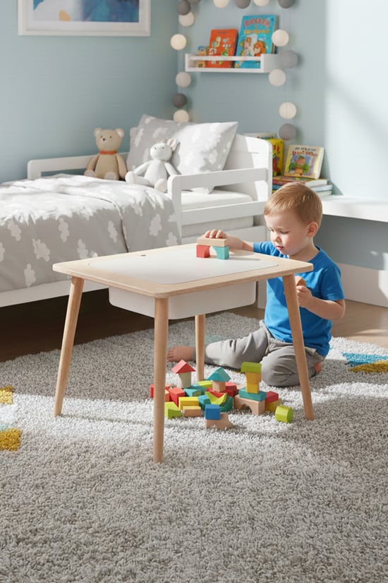 Montessori Çocuk Ahşap Oyun Etkinlik Çalışma Masası, Saklama Alanlı