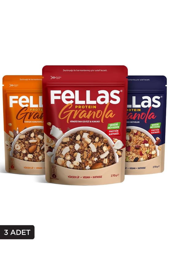 Fellas Protein Granola 3'lü Mix Paket - Hindistan Cevizi 270g + Kırmızı Meyveler 270g + Karışık Kuruyemişli 270g
