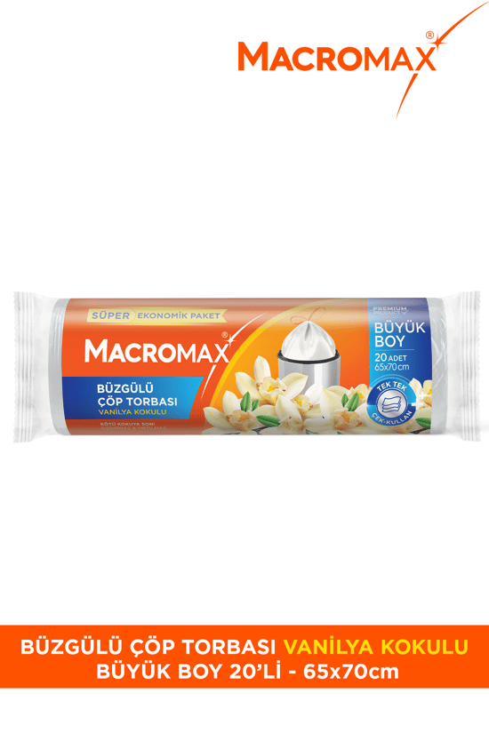 Macromax Büzgülü Çöp Torbası Büyük Boy (65x70cm) Vanilya Kokulu 20 Adet Süper Ekonomik Paket
