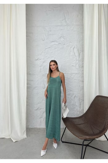 Thiff Yeşil Kadın Askılı Piliseli Elbise