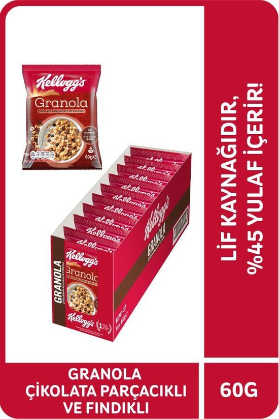 Kellogg's Çikolata Parçacıklı&Fındıklı Granola 60 Gr x10 Adet,%44