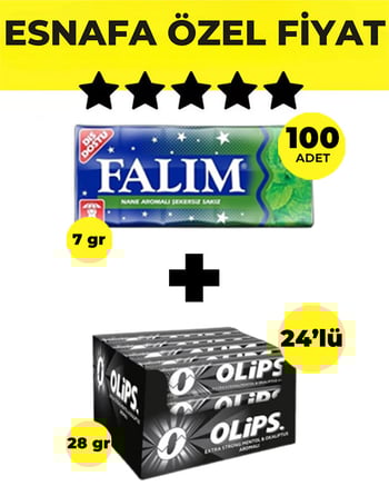 Falım Nane Aromalı Sakız (5'li 7gr x 100 Adet) - Olips Keskin Mentol Şeker 24’lü Paket (28gr x 24 Adet) Avantajlı Falım-Olips Paketi