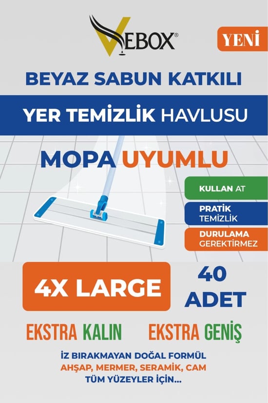 Vebox Beyaz Sabun Katili Mop Uyumlu Yer Temi̇zli̇k Havlusu Mop 40 Adet