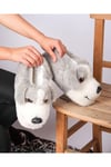 Unisex Gri Tüylü Köpek Figürlü Pofuduk Peluş Panduf Ev Terliği