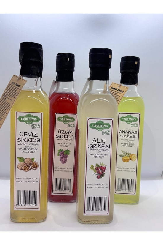 Yusuf Efendi %100 Doğal Fermente Sirke 4’lü Set (Ceviz, Üzüm, Alıç, Ananas) – 500 ml x 4