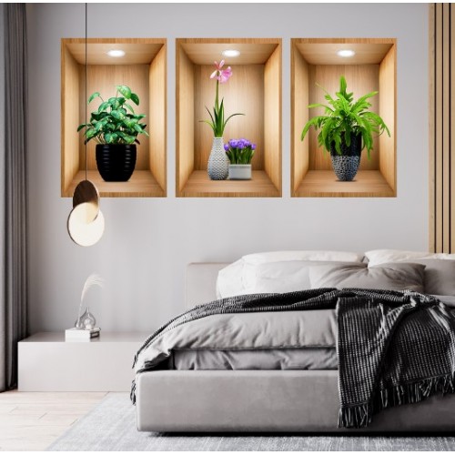 DİYARI FIRSAT 3D Çiçek Vazo Duvar Sticker 3 lü Set Kahverengi Fon