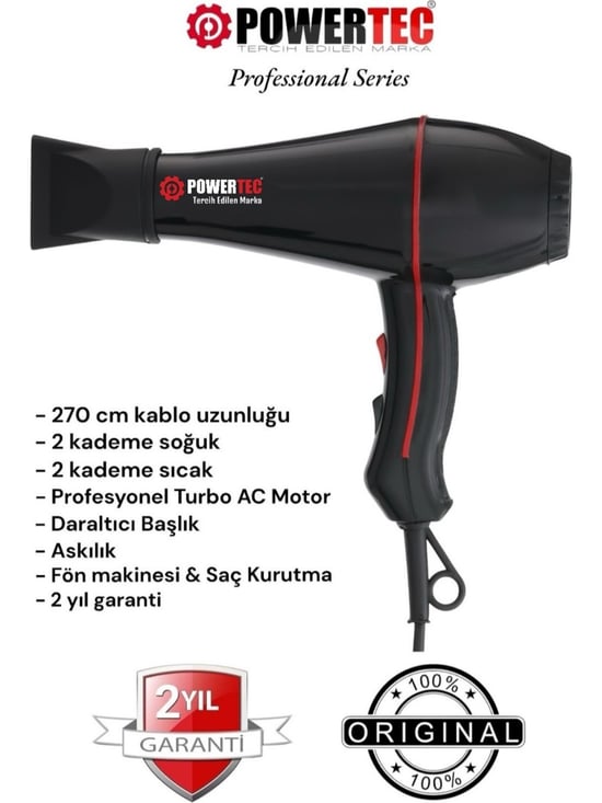 Powertec R-601 (2500 W) Turbo Professional Series Fön Makinesi & Saç Kurutma 2.7m Uzun Kablolu Yeni Versiyon