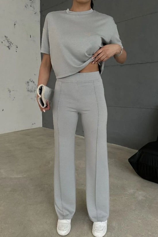 Thiff Antrasit Modal Kumaş Yüksek Bel Pantolon Crop & Pantolon Takım