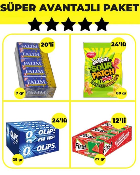 Falım Damla Aromalı Sakız (5'li x 20 Adet)- Olips Mentol Okaliptüs 24'lü Paket (28gr x 24 Adet)- First Sensations Karpuz Aromalı Sakız (27gr x 12 Adet)- Jelibon Sour Patch Kids (80gr x 24 Adet) Avantajlı Bakkal Paketi