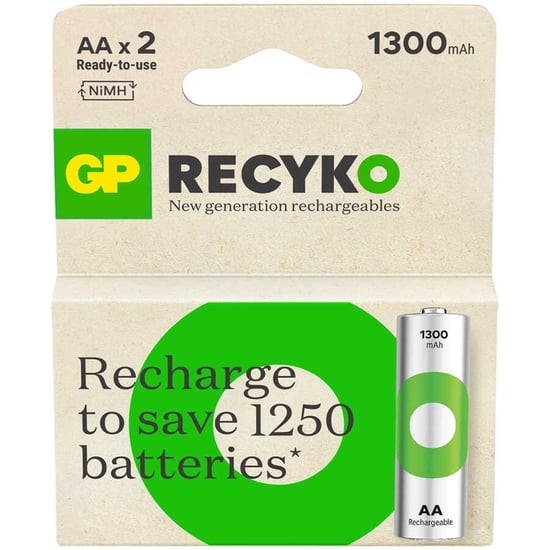 GP Batteries Recyko 1300mAh AA Kalem Ni-MH Şarjlı Pil, 1.2 Volt, 2'li Kart