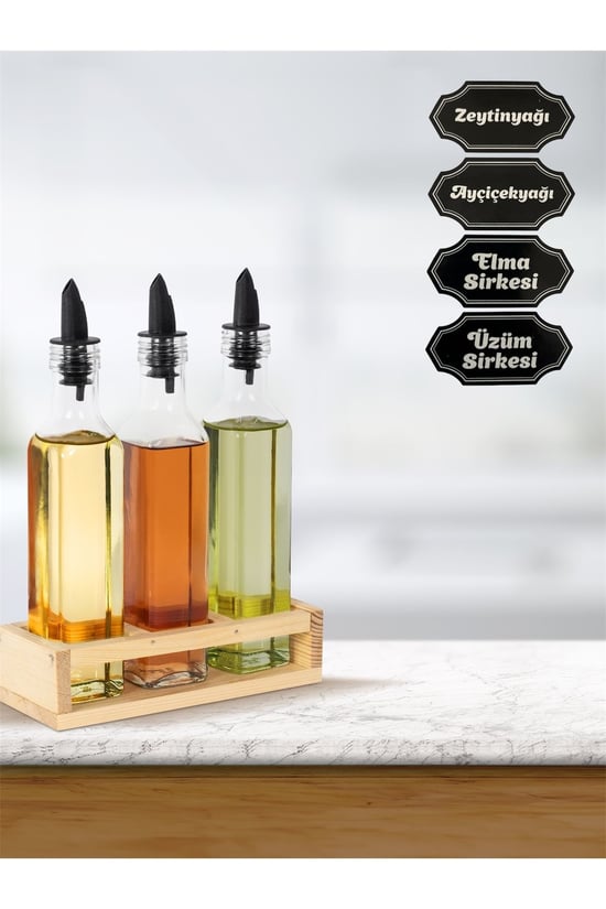 Hillcap 3'lü Ahşap Standlı Yağdanlık Seti Etiket Hediyeli