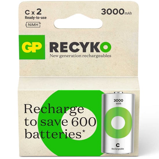 GP Batteries Recyko 3000 C Boy Ni-Mh Şarjlı Pil, 1.2 Volt, 2'li Kart