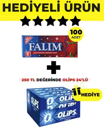 Falım Çilek Aromalı Sakız (5'li 7gr x 100 Adet) - Olips Mentol Okaliptus Şeker 24’lü Paket (28gr x 24 Adet) Avantajlı Falım-Olips Paketi