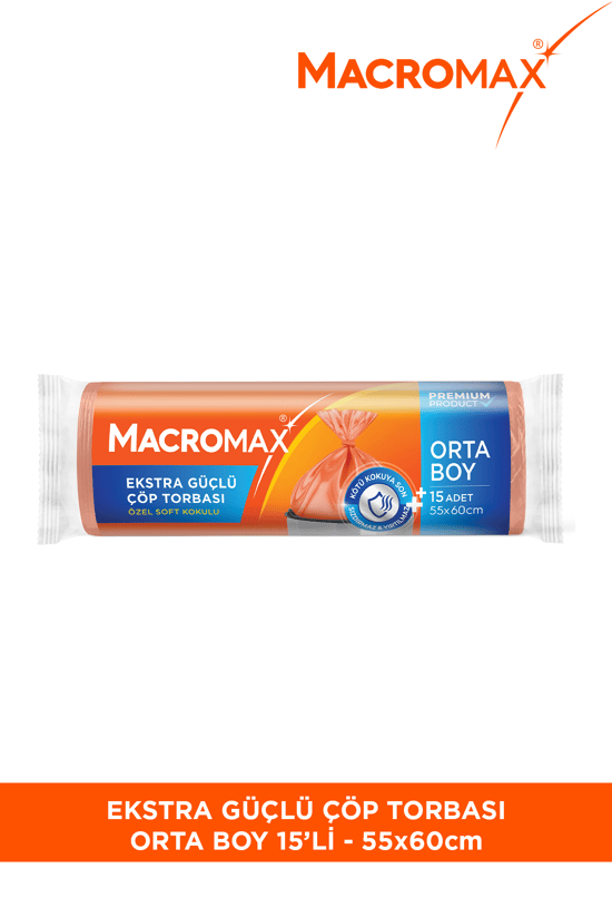 Macromax Ekstra Güçlü Çöp Torbası Orta Boy 55x60 cm Soft Kokulu 15 Adet Mutfak Poşeti