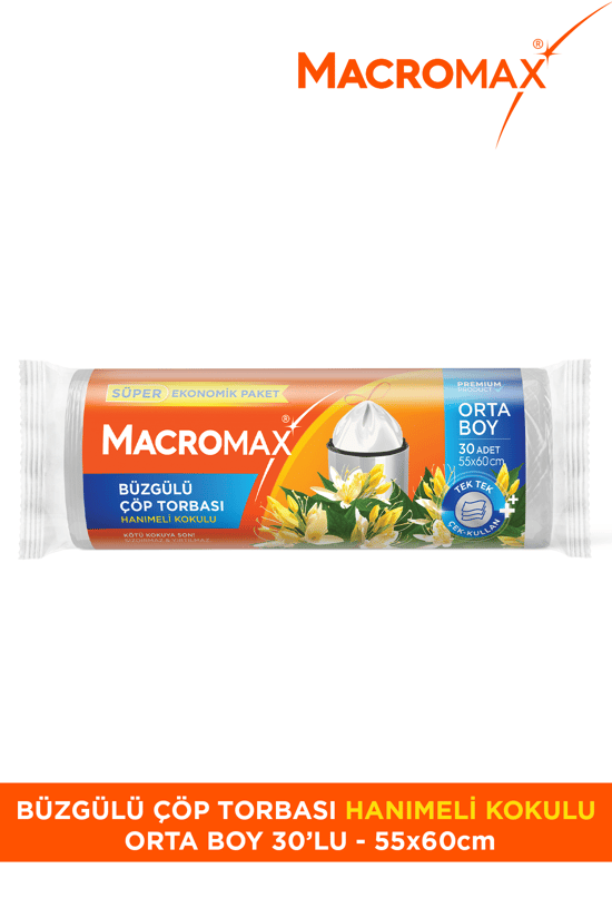 Macromax Büzgülü Çöp Torbası Orta Boy (55x60cm) Hanımeli Kokulu 30 Adet Süper Ekonomik Paket