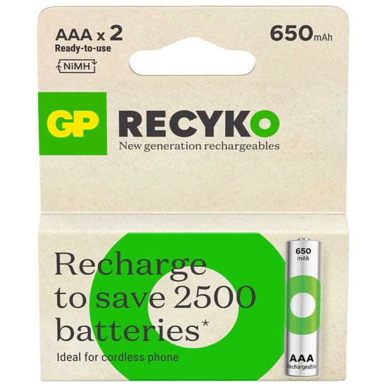 GP Batteries Recyko 650mAh AAA İnce Kalem Ni-Mh Şarjlı Pil, 1.2 Volt, 2'li Kart