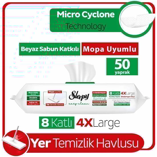 Sleepy Easy Clean Beyaz Sabun Katkılı Mopa Uyumlu Yer Temizlik Havlusu&Mendili 50'li