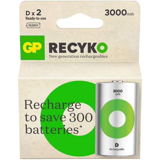 GP Batteries Recyko 3000 D Boy Ni-Mh Şarjlı Pil, 1.2 Volt, 2'li Kart