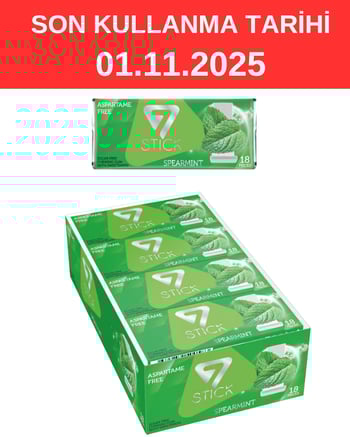 7 STICK Yeşil Nane Aromalı Şekersiz Sakız 31 gr X 12'li Paket