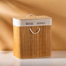 Pablito Bambu Kirli Çamaşırlık Çift Gözlü-Çift Bölmeli Kapaklı Kirli Çamaşır Sepeti Dikdörtgen