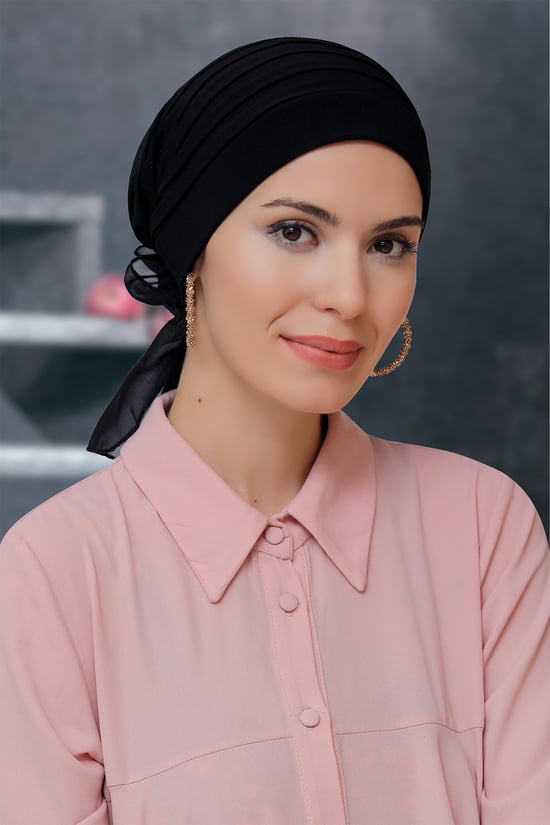 Hürrem Bone Siyah Pratik Hazır Geçmeli Tesettür Bone Sandy Kumaş Pileli Nervürlü Güllü 1806_01