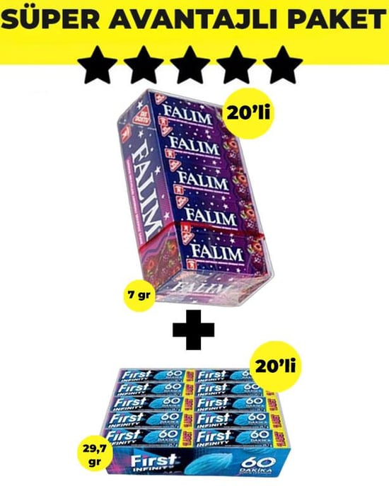 Falım Orman Meyve Aromalı Sakız (5'li x 20 Adet)- First Infinity 11S Stick Nane Aromalı Sakız (29,7 gr x 20 Adet) - Avantajlı Falım First Paketi