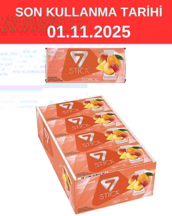 7 STICK Karışık Meyve Aromalı Şekersiz Sakız 31 gr X 12'li Paket