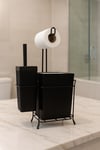 siyah banyo seti, demir standlı banyo seti, çöp kovası banyo, tuvalet fırçası seti, tuvalet kağıtlığı set, modern banyo aksesuarları, şık banyo düzenleme