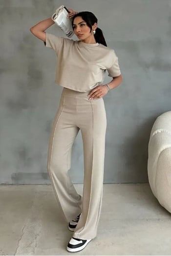 Thiff Bej Modal Kumaş Yüksek Bel Pantolon Crop & Pantolon Takım