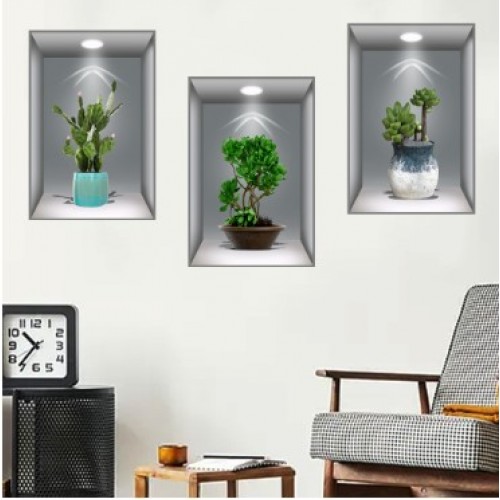 DİYARI FIRSAT 3D Çiçek Vazo Duvar Sticker 3 lü Set GRİ Fon