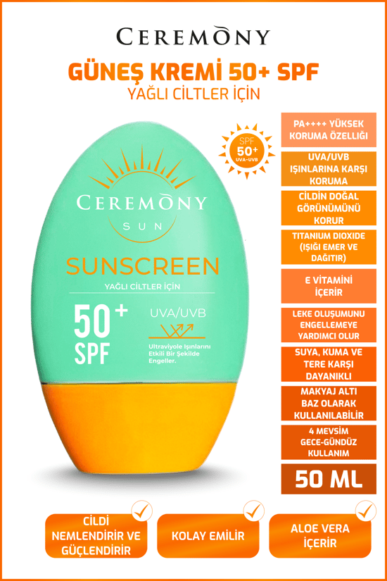Ceremony UVA-UVB Yüksek Koruma Doğal Görünümlü Hızlı Emilen 50+SPF Güneş Kremi Yağlı Ciltler 50ml