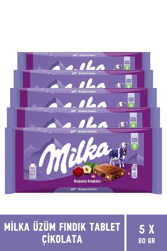 Milka Üzüm Fındık Tablet Çikolata 80 gr - 5 Adet