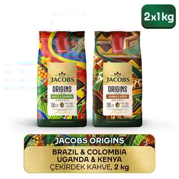 Jacobs Origins Brazil & Colombia + Uganda & Kenya Çekirdek Kahve 1 Kg 2'li Paket