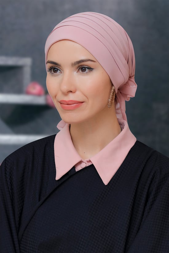 Hürrem Bone Pudra Pratik Hazır Geçmeli Tesettür Bone Sandy Kumaş Pileli Nervürlü Güllü 1806_06