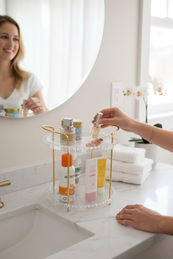 kozmetik organizer, makyaj düzenleyici, iki katlı organizer, şeffaf makyaj standı, dekoratif organizer, takı ve kozmetik düzenleyici, masaüstü organizer