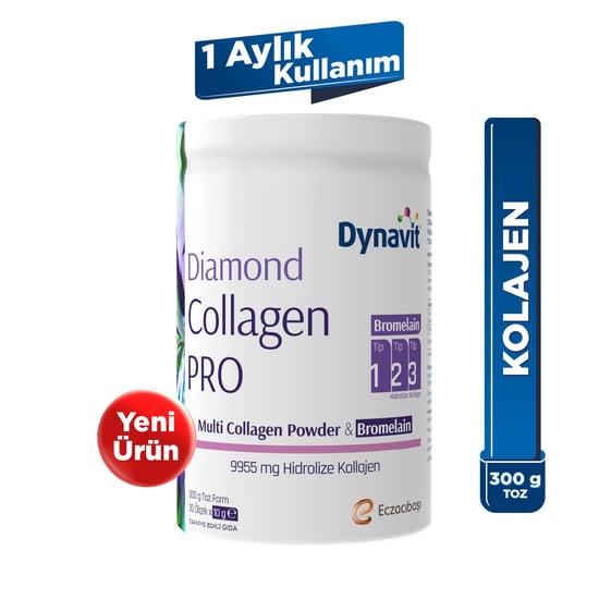 Dynavit Diamond Collagen PRO Multi Collagen Powder&Bromelain 300g - Hidrolize Peptit Tip 1-2-3 Kolajen, Bromelain